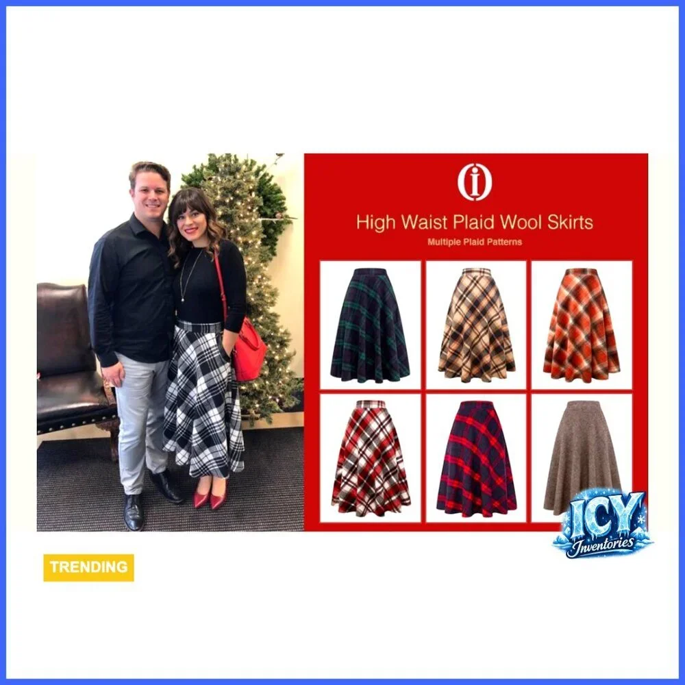 Wool Plaid Midi Skirt Elastic Waist A-Line Pleated Tartan Fall Winter